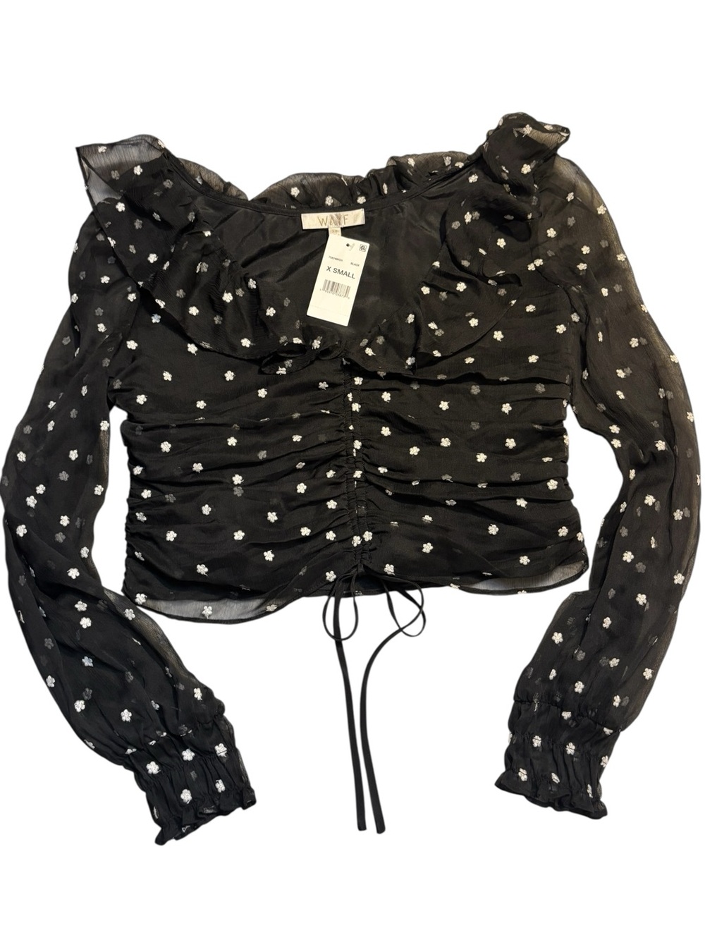 NWT Wayf Blouse XS Black White Floral Ruched Sheer Long-Sleeve Ruffle Crop Top - Picture 9 of 16